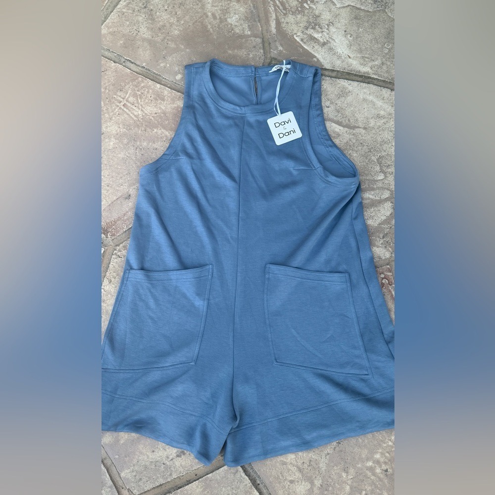 DAVI & DANI Dusty Blue Sleeveless Romper with Front Pockets